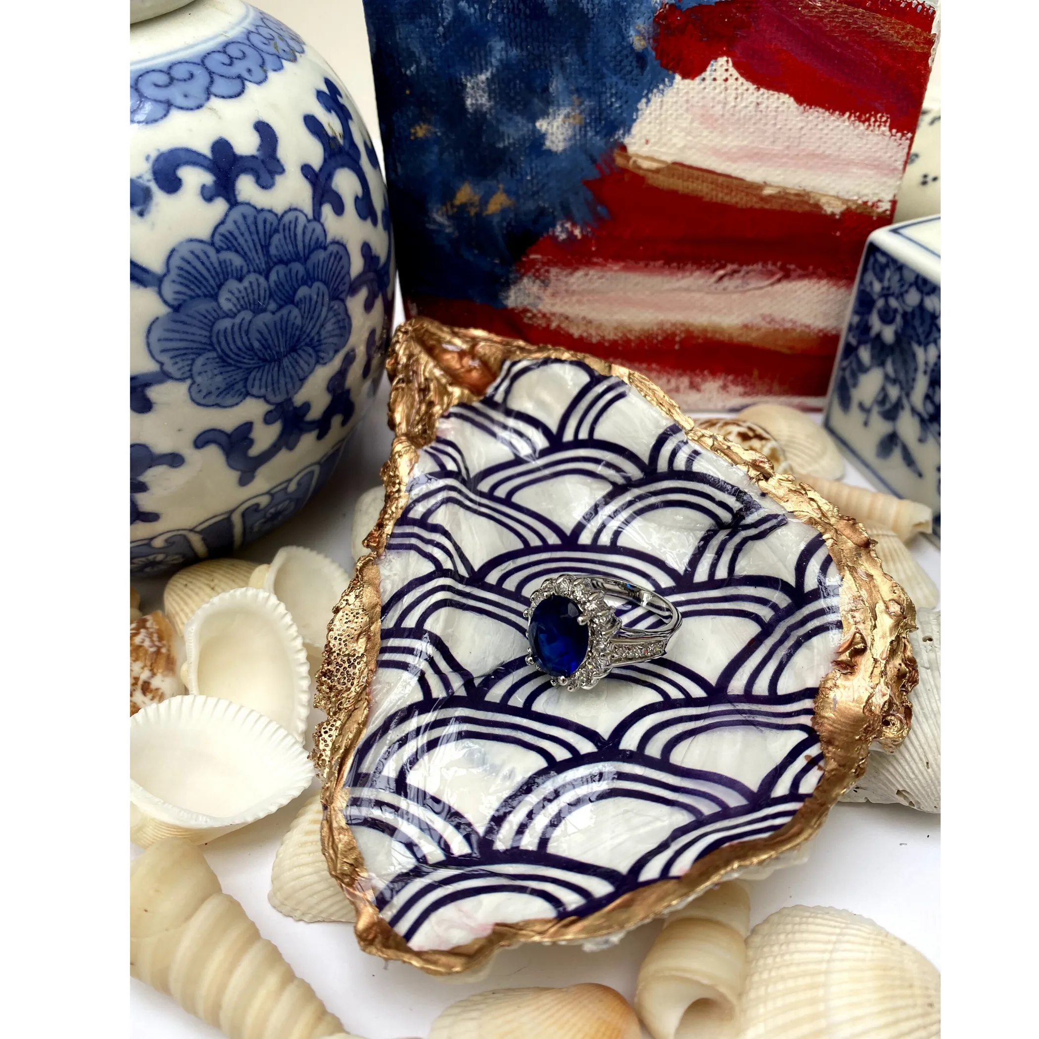 Oyster Shell Art, Jewelry Dish,  Blue White Seigaiha Design