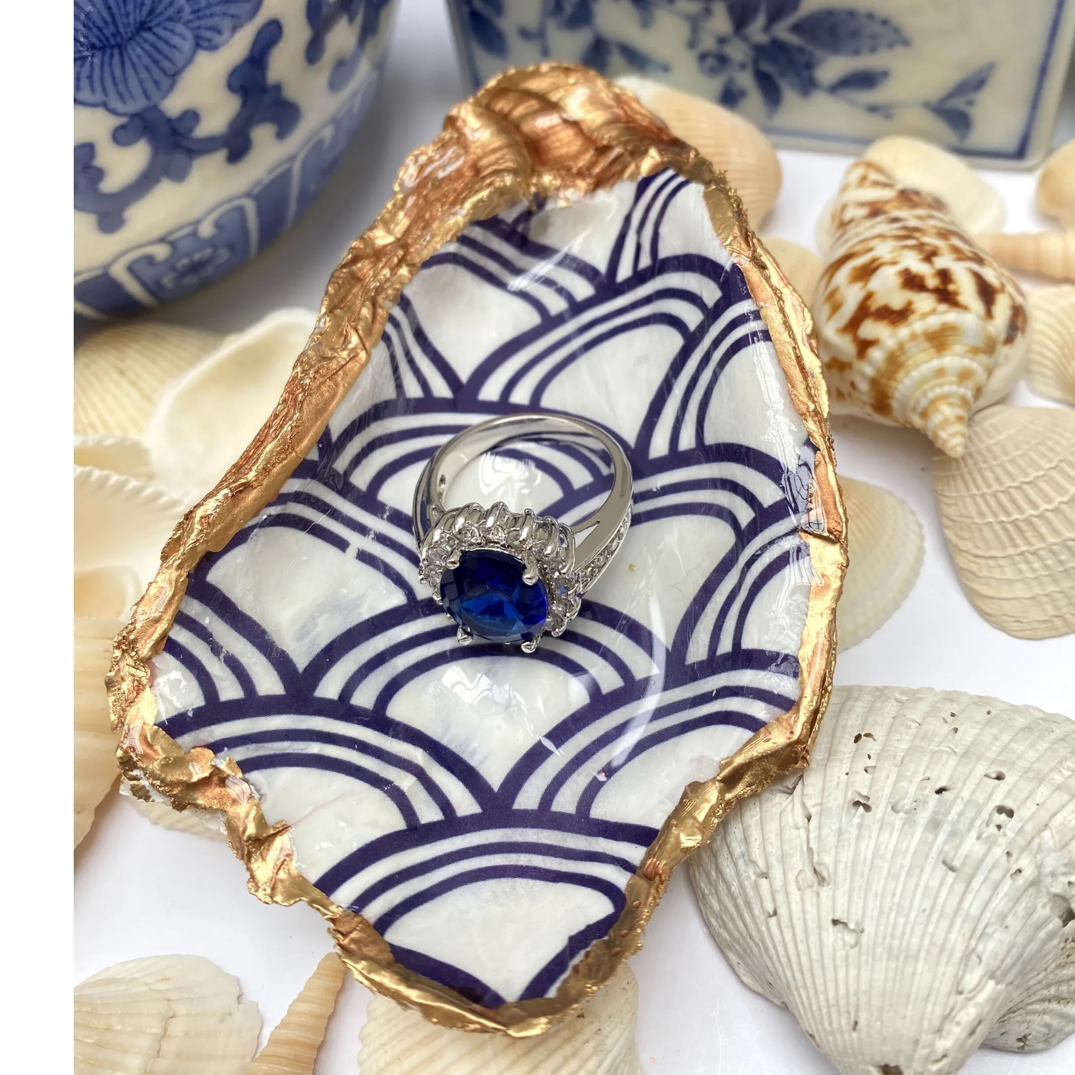 Oyster Shell Art, Jewelry Dish,  Blue White Seigaiha Design