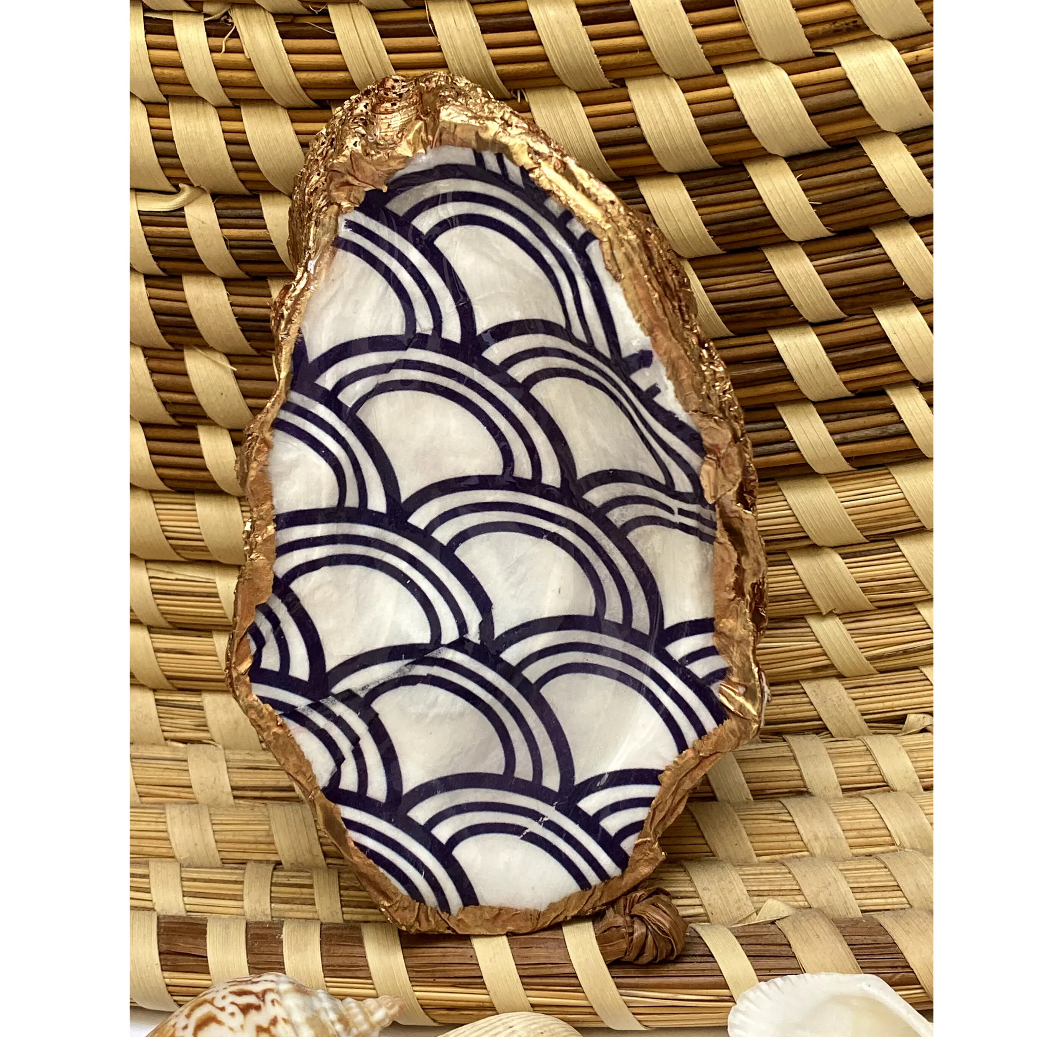 Oyster Shell Art, Jewelry Dish,  Blue White Seigaiha Design