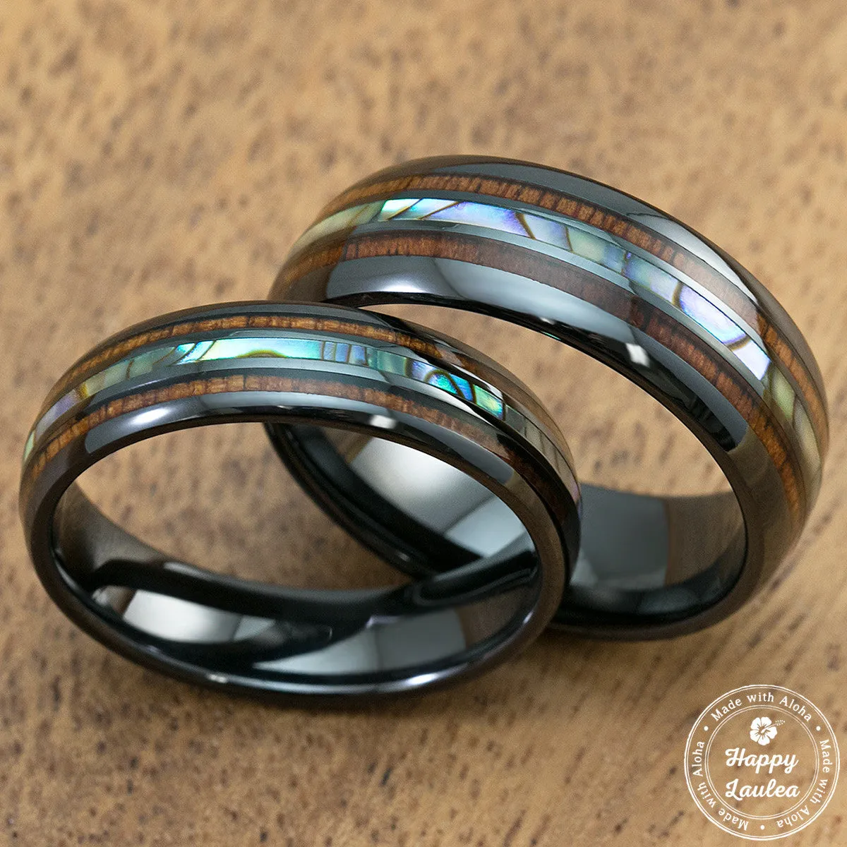 Pair of Black Ceramic Rings [6 & 8mm] Abalone Shell & Hawaiian Koa Wood