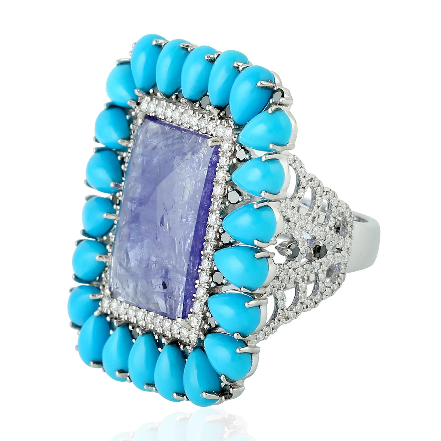 Pear Cut Turquoise Tanzanite Diamond 18k White Gold Cocktail Ring For Women Jewelry