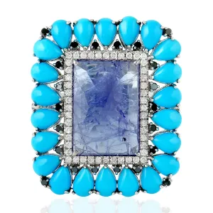 Pear Cut Turquoise Tanzanite Diamond 18k White Gold Cocktail Ring For Women Jewelry