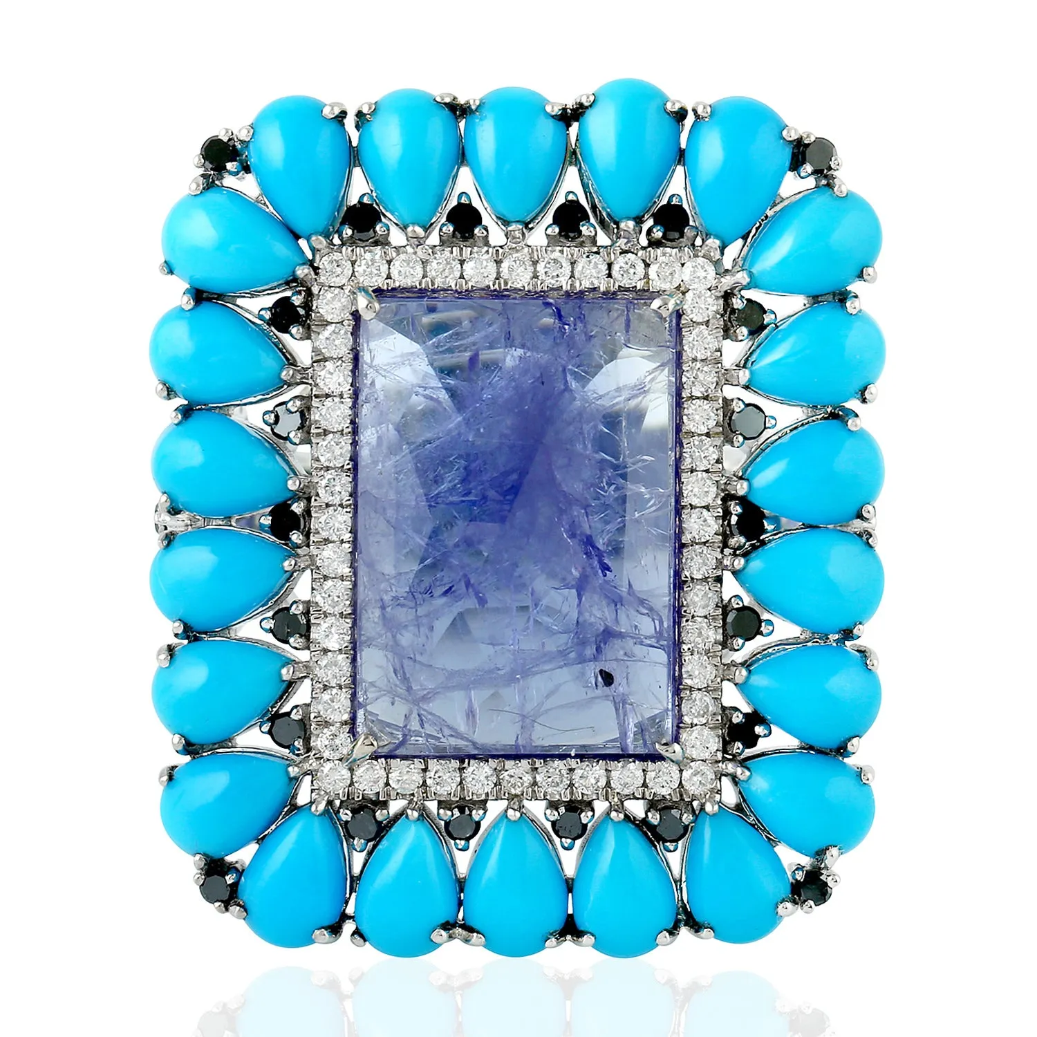 Pear Cut Turquoise Tanzanite Diamond 18k White Gold Cocktail Ring For Women Jewelry