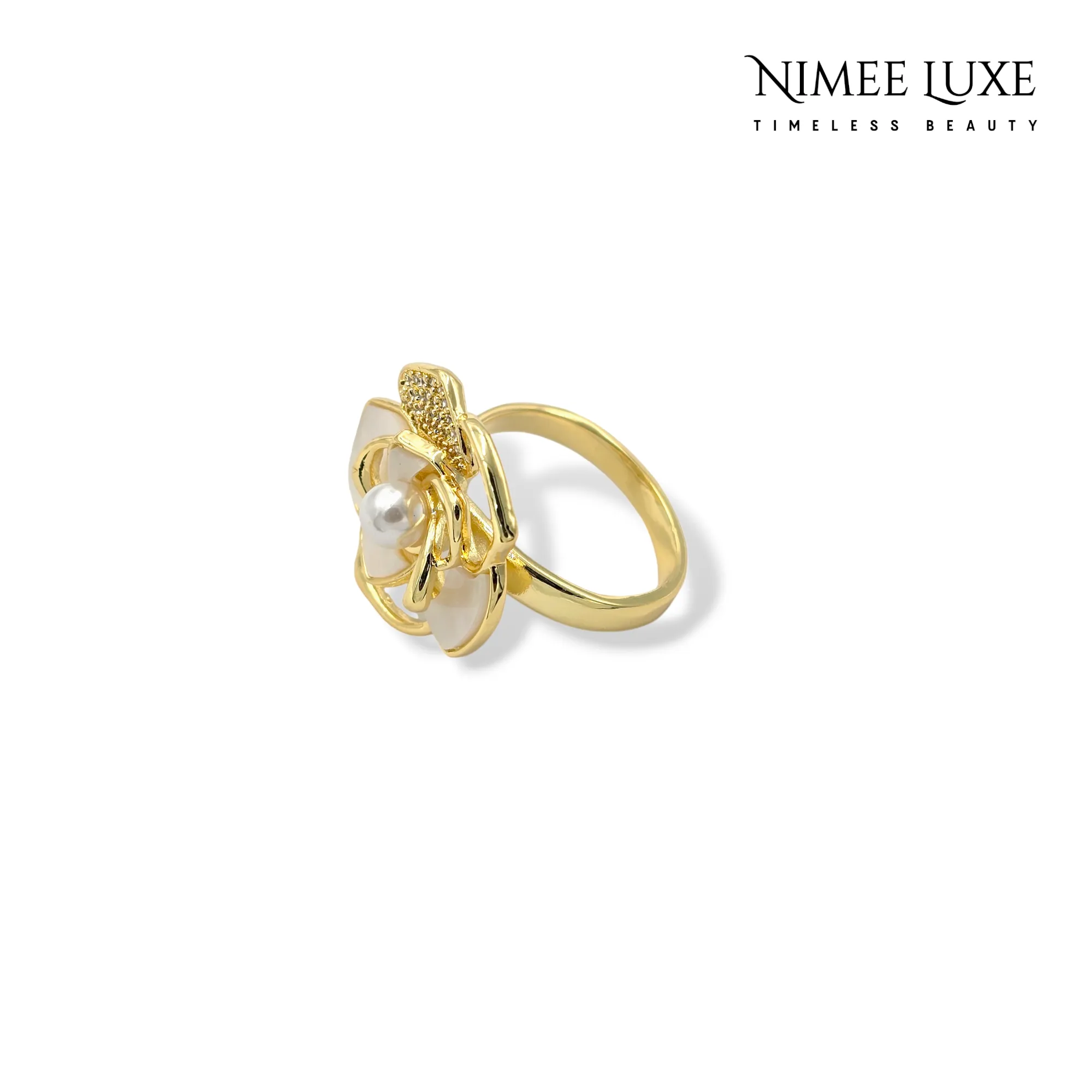 Pearl Rose Adjustable Ring Gold Plated AR21