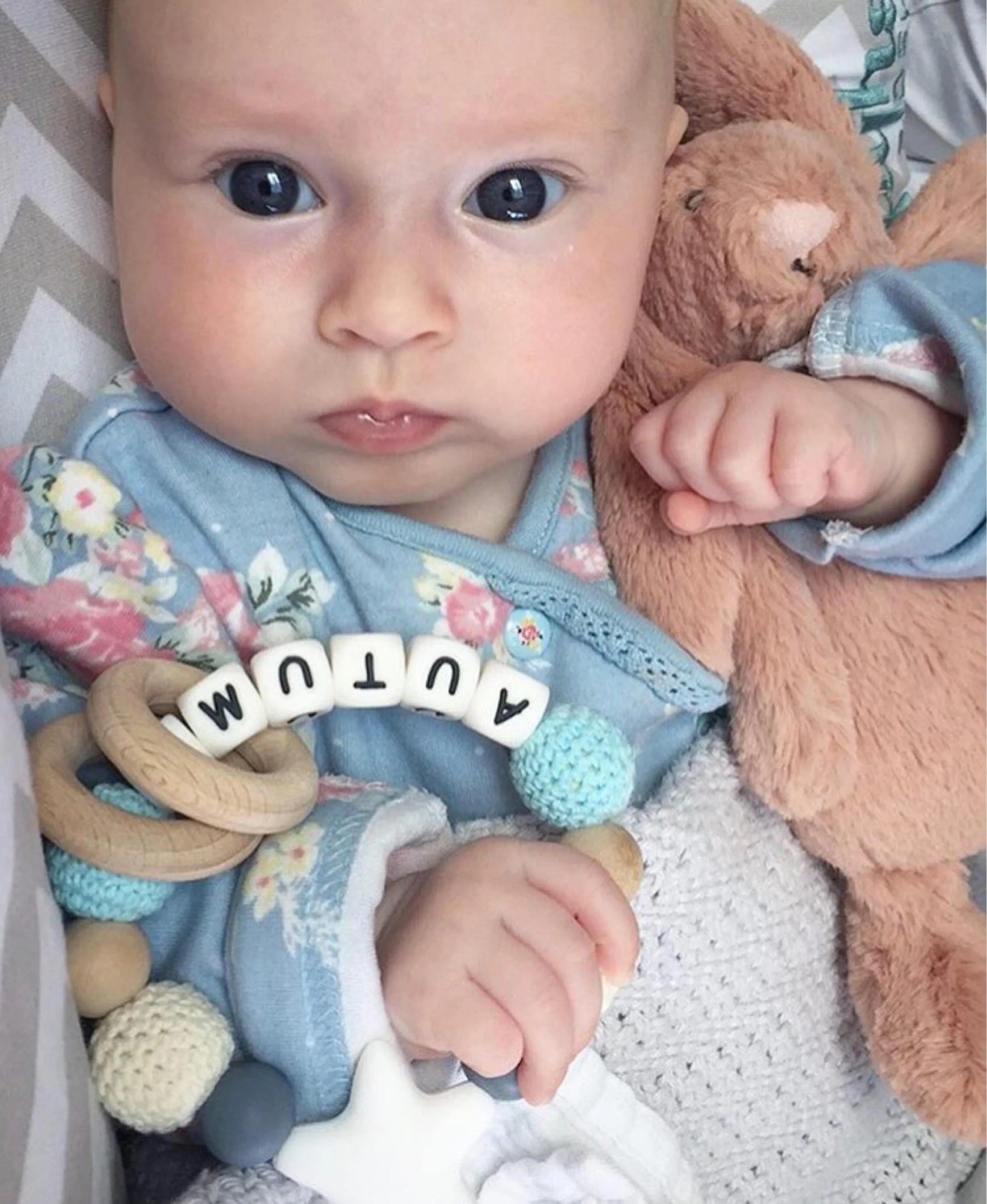 Personalised Crochet Teether - Blue/Cream