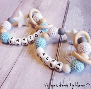 Personalised Crochet Teether - Blue/Cream