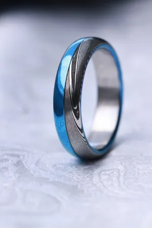 Polished Blue Titanium &  Damascus steel ring-  stainless damasteel titanium ring, mens wedding band, mens rings 5.25mm , blue ring, wedding rings