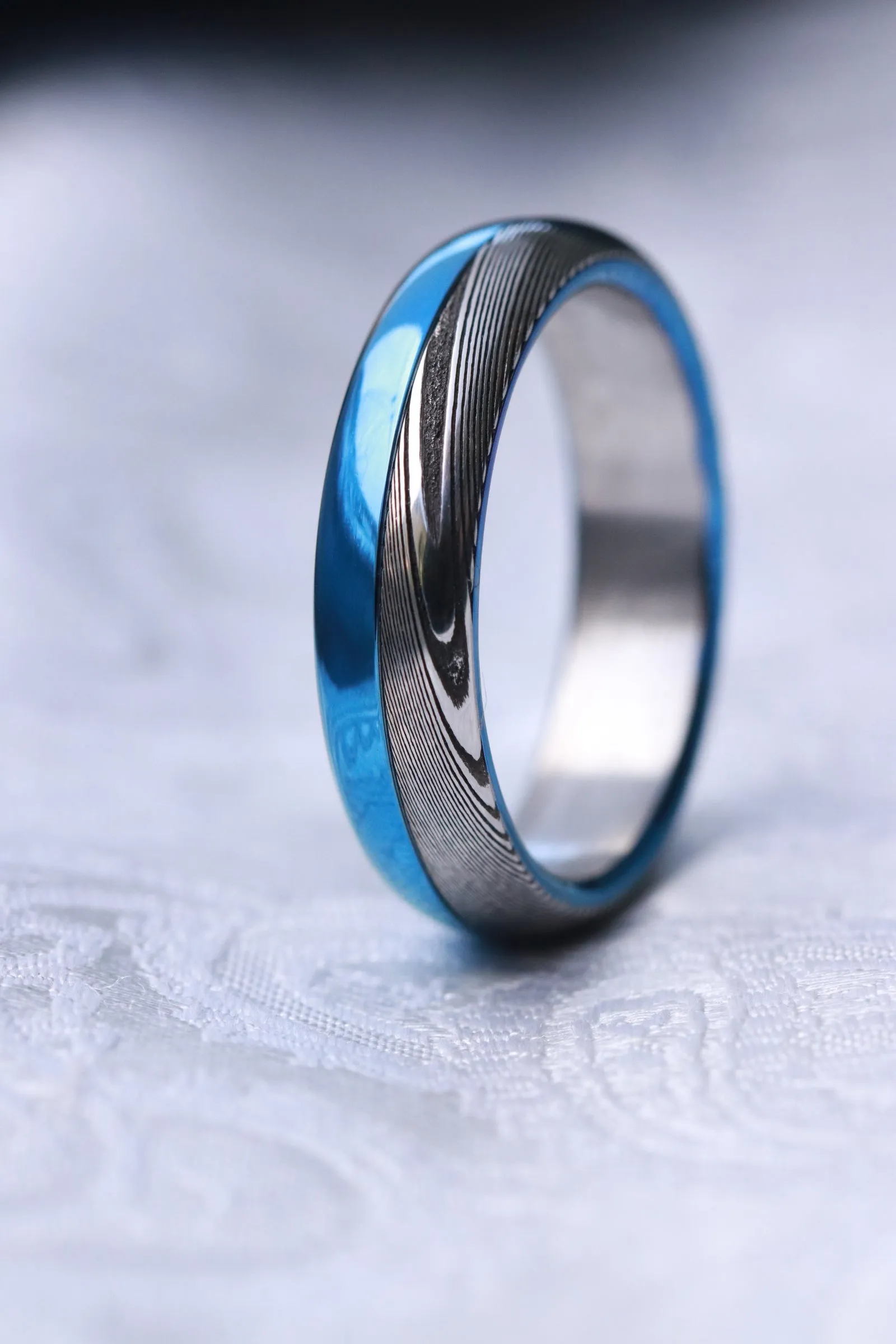 Polished Blue Titanium &  Damascus steel ring-  stainless damasteel titanium ring, mens wedding band, mens rings 5.25mm , blue ring, wedding rings