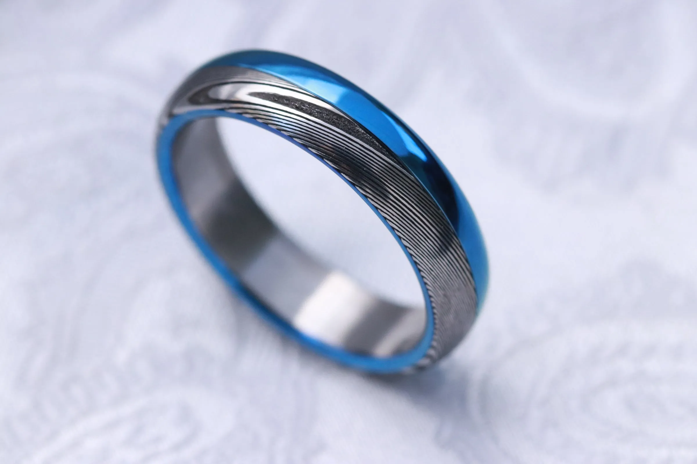 Polished Blue Titanium &  Damascus steel ring-  stainless damasteel titanium ring, mens wedding band, mens rings 5.25mm , blue ring, wedding rings