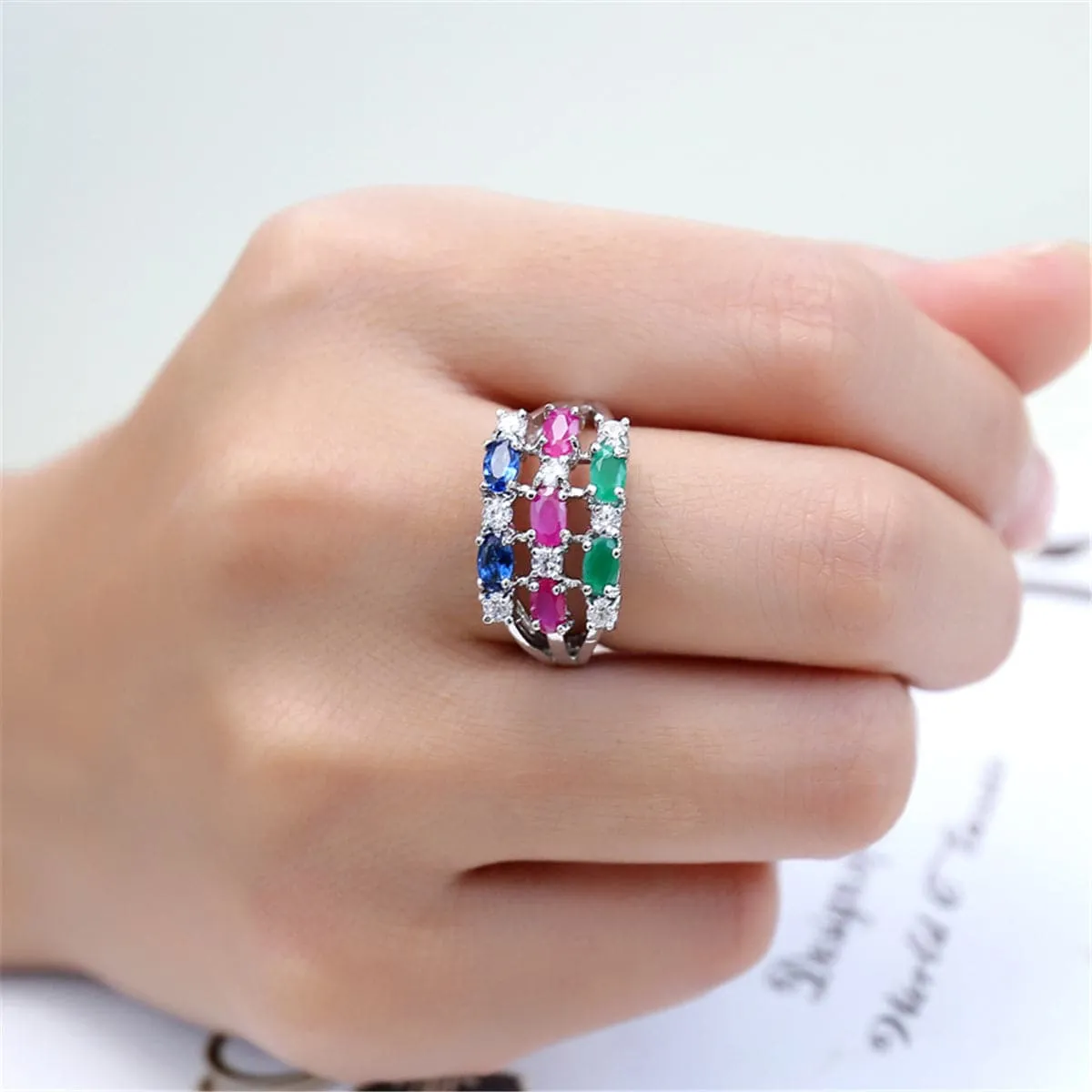 Purple Crystal & Silver-Plated Flower Ring