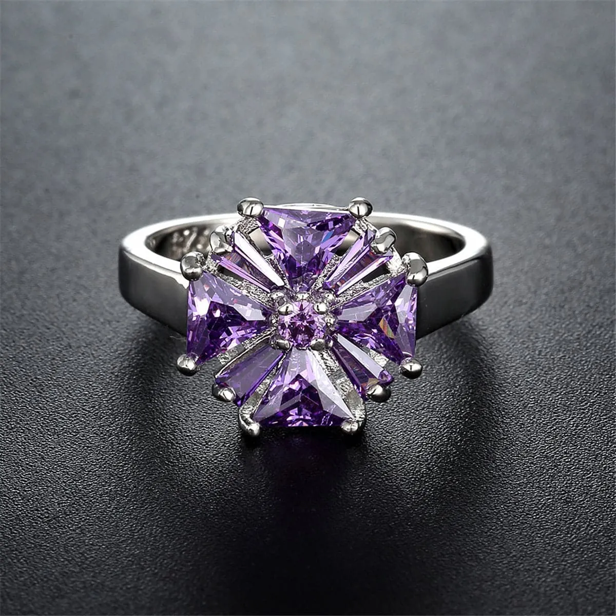 Purple Crystal & Silver-Plated Flower Ring