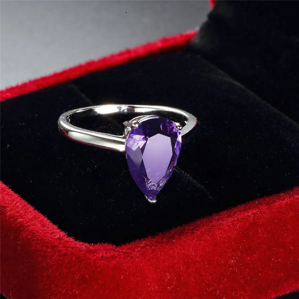 Purple Crystal & Silver-Plated Pear-Cut Ring