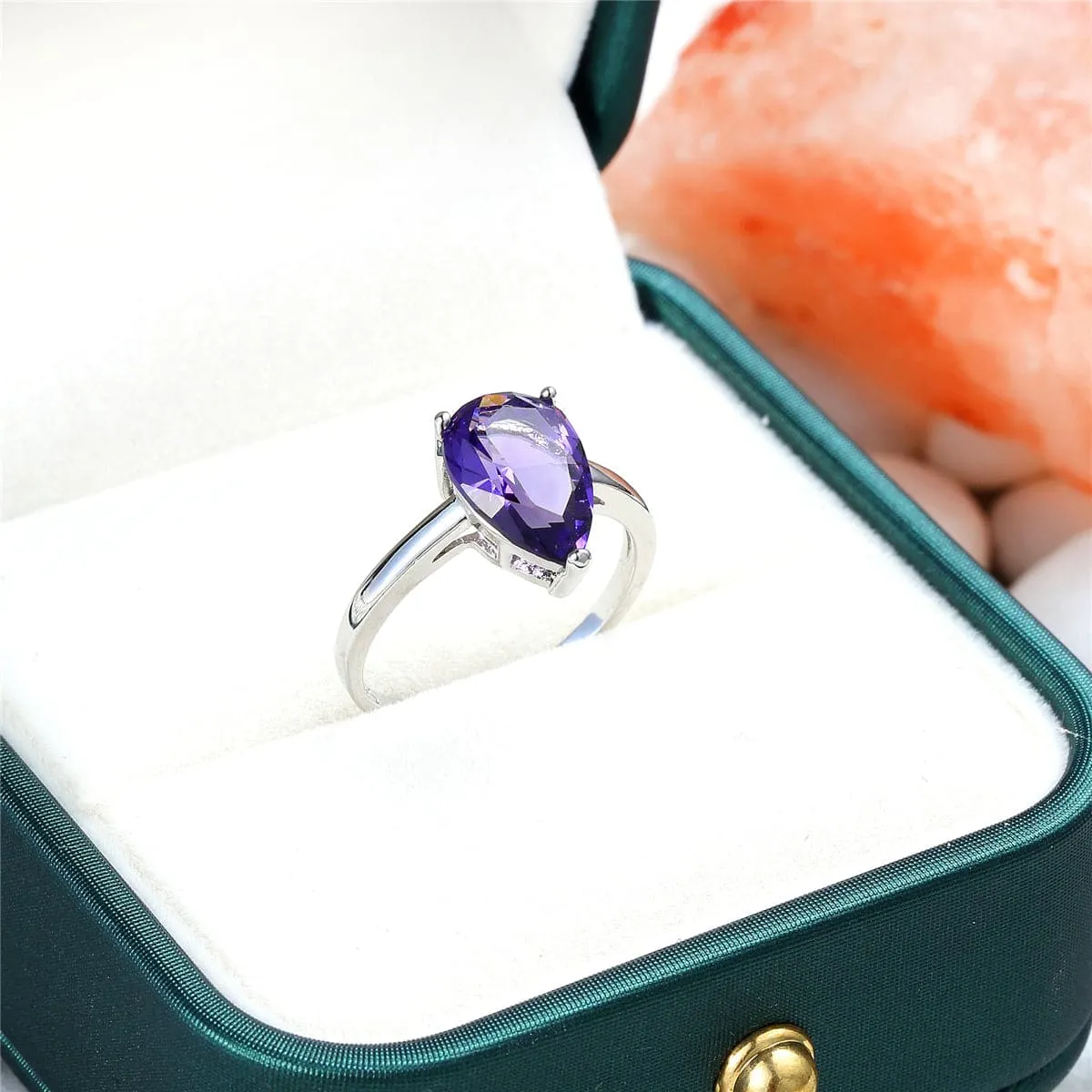 Purple Crystal & Silver-Plated Pear-Cut Ring