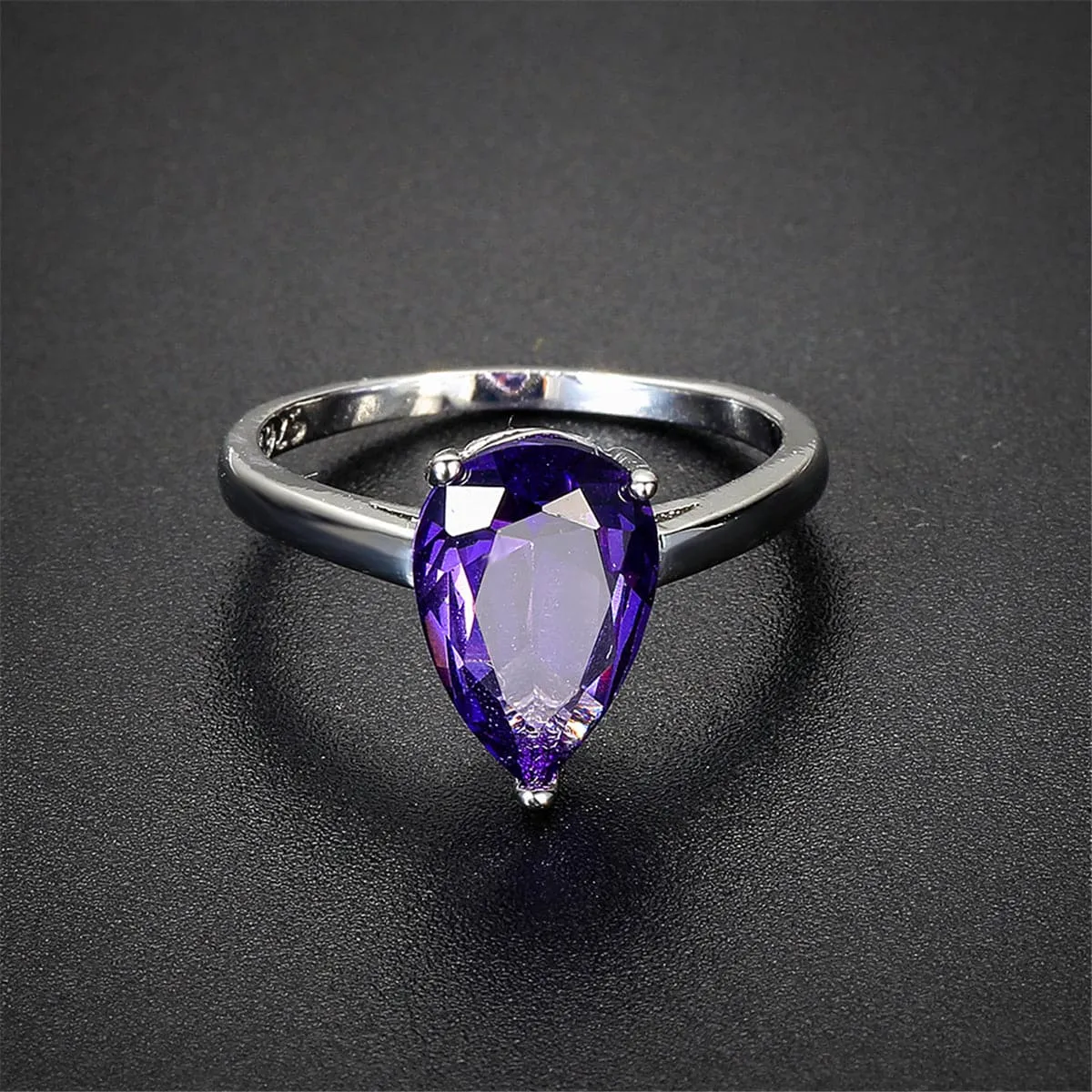 Purple Crystal & Silver-Plated Pear-Cut Ring