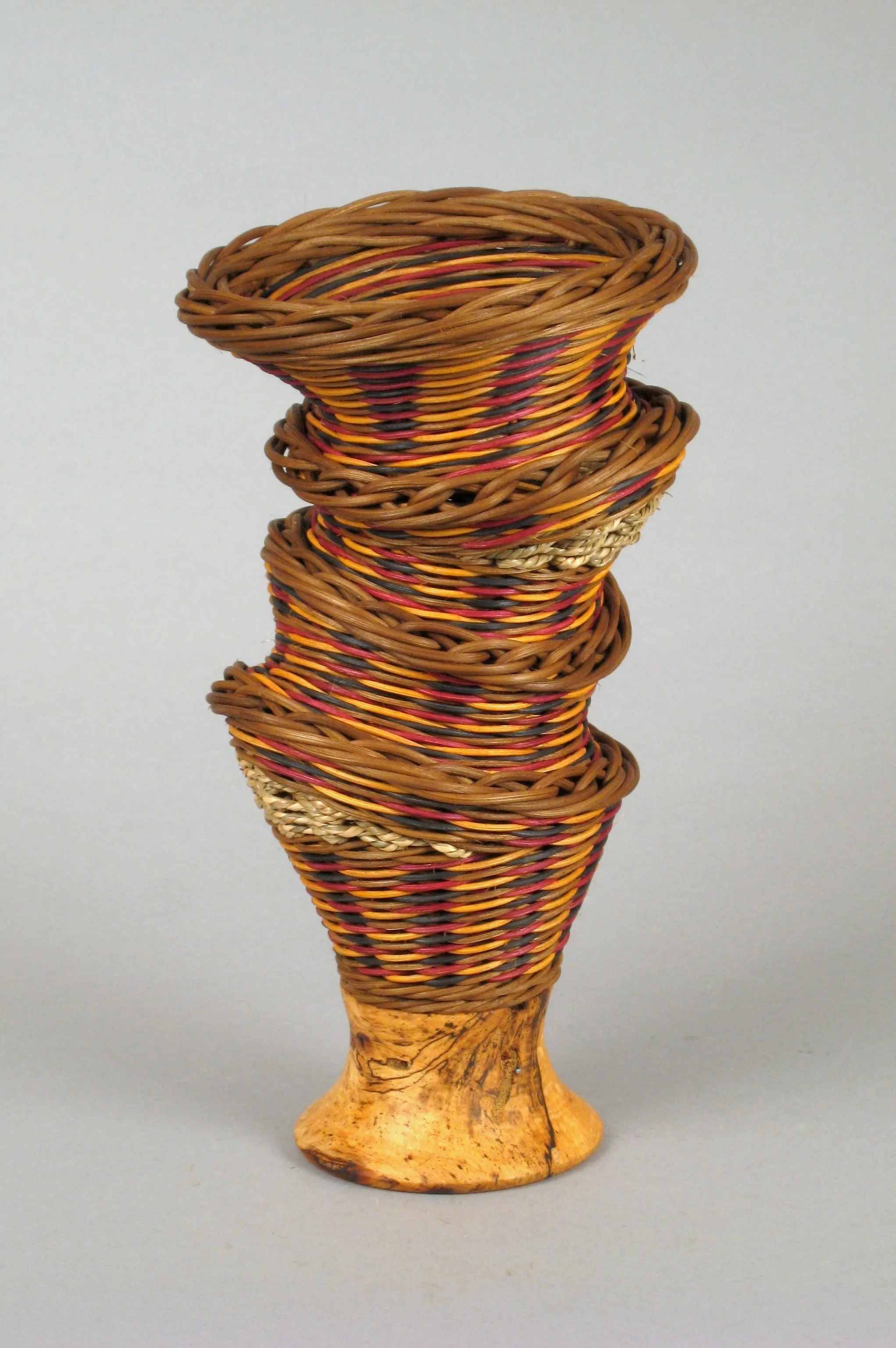 "Babble” Mixed Media Basket with Hand Turned Spalted Maple Wood Base