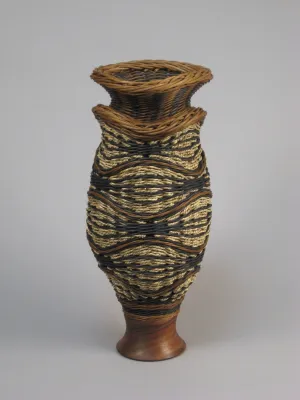 "EYE SKETCH" Mixed Media Basket with Hand Turned Walnut Wood Base