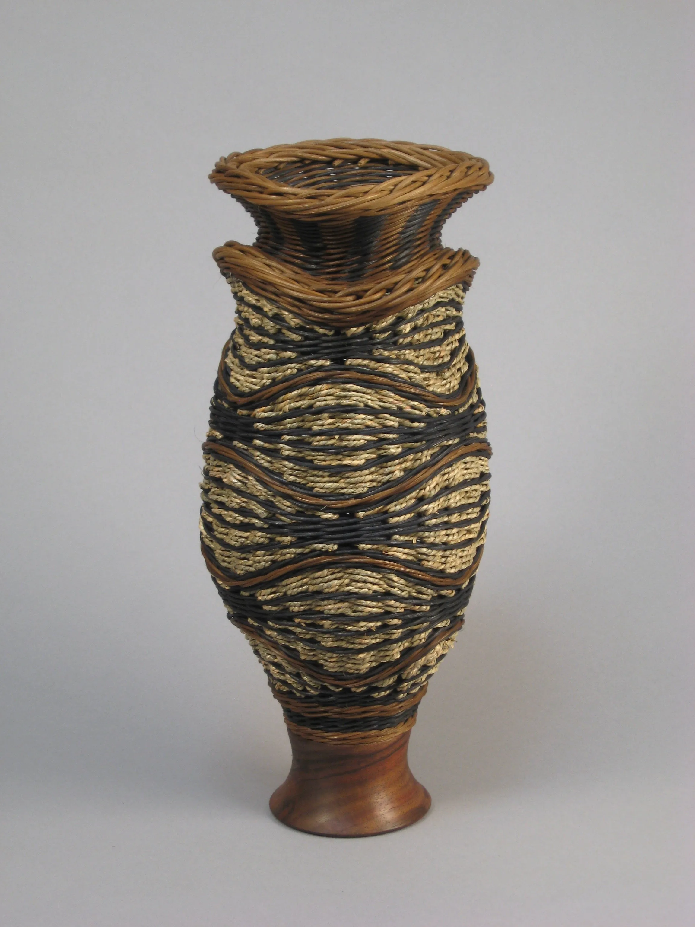 "EYE SKETCH" Mixed Media Basket with Hand Turned Walnut Wood Base