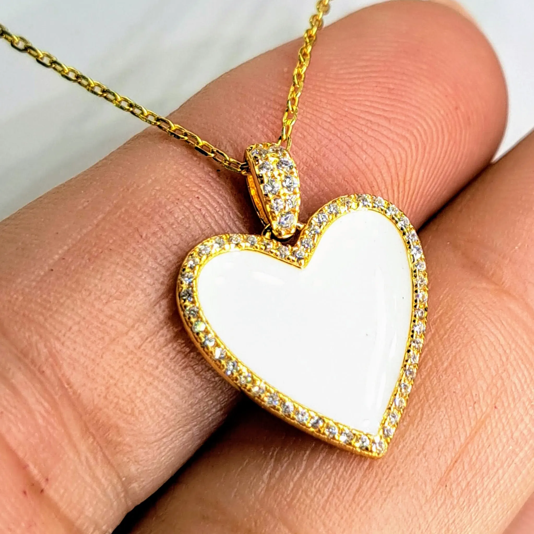 "Heart Of Gold" 16"-18" Pendant Necklace - Diamonds, Enamel, Gold Sterling