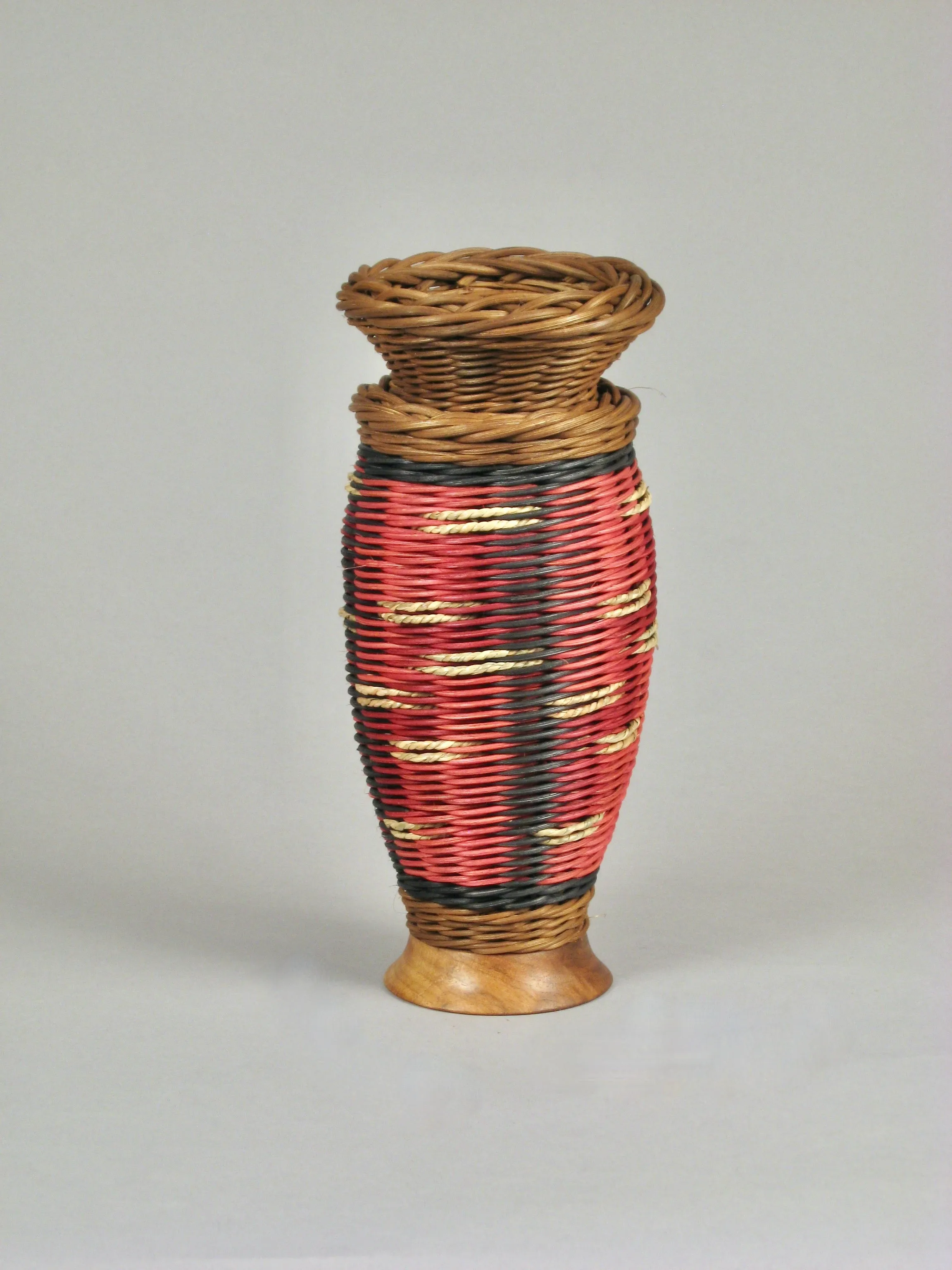 "ROSE THREE UP WITH WALNUT" Mixed Media Basket with Hand Turned Wood Base