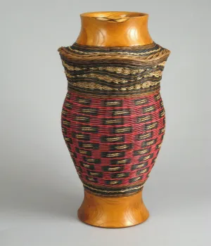 "Spotted Crown with Mulberry” Mixed Media Basket with Hand Turned Wood Base and Lip