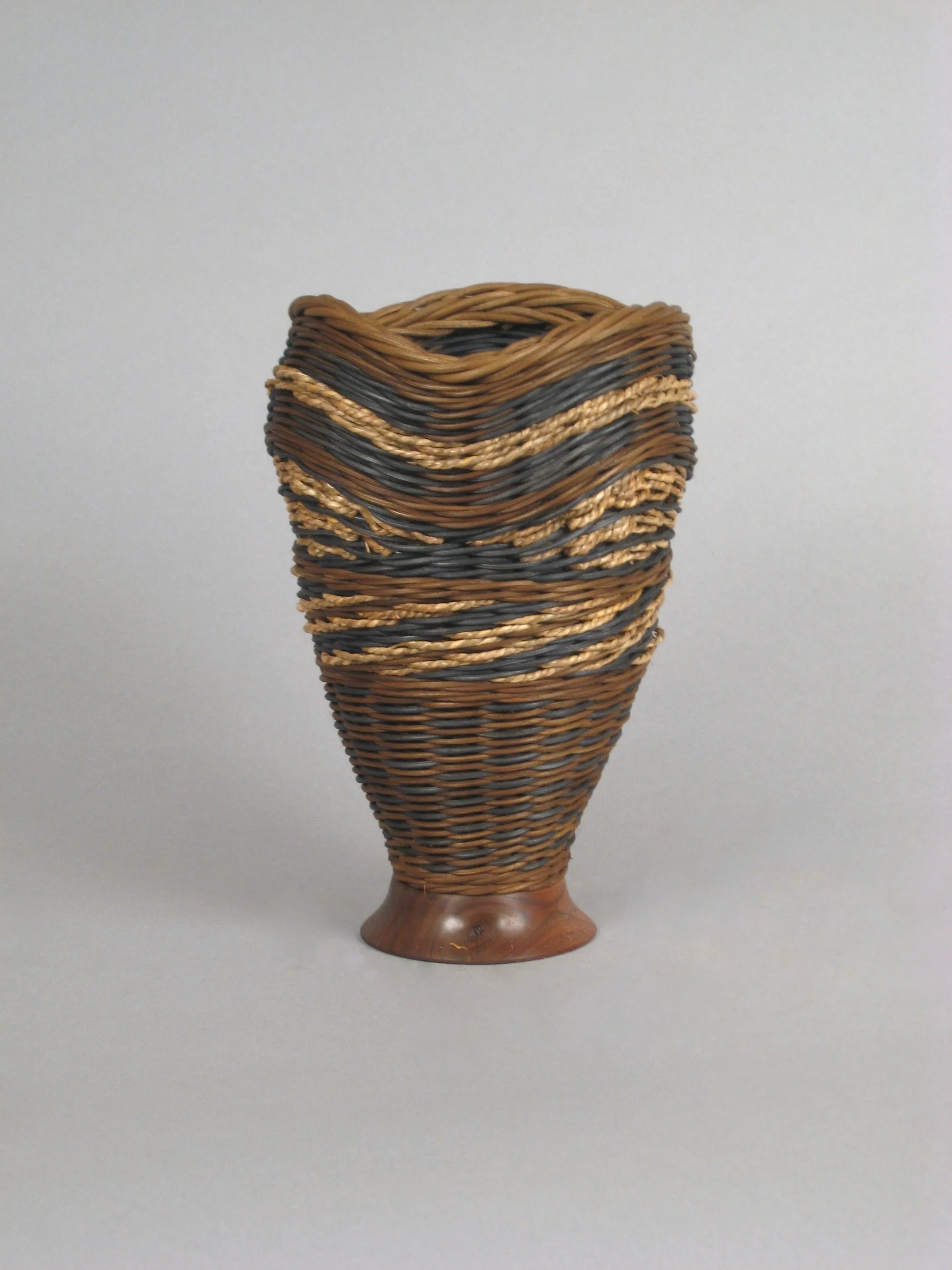 "Three Waves with Blue and Walnut” Mixed Media Basket with Hand Turned Wood Base