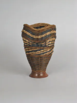 "Three Waves with Blue and Walnut” Mixed Media Basket with Hand Turned Wood Base
