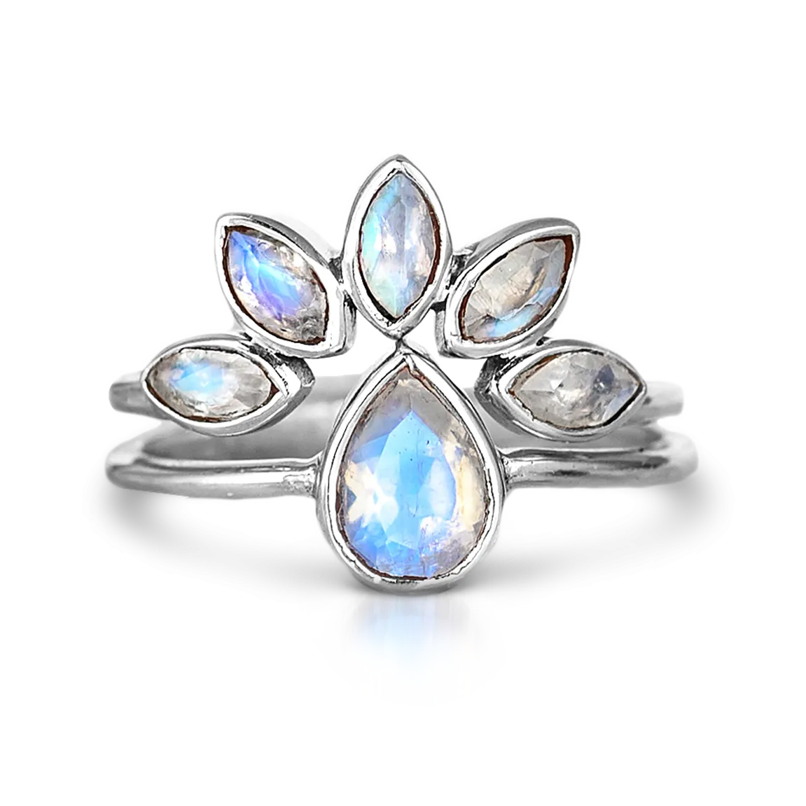 Rainbow Moonstone Stacking Ring Set Sterling Silver
