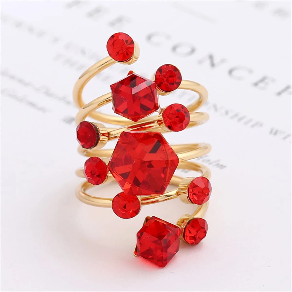 Red Crystal & Cubic Zirconia Adjustable Stacking Flower Ring
