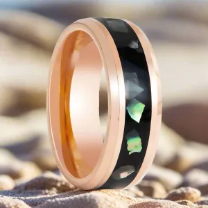 RESINOVA | Rose Gold Tungsten Ring, Black Resin & Abalone Shell Inlay