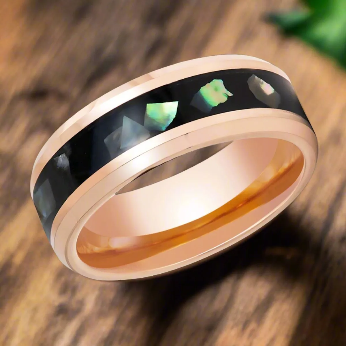 RESINOVA | Rose Gold Tungsten Ring, Black Resin & Abalone Shell Inlay