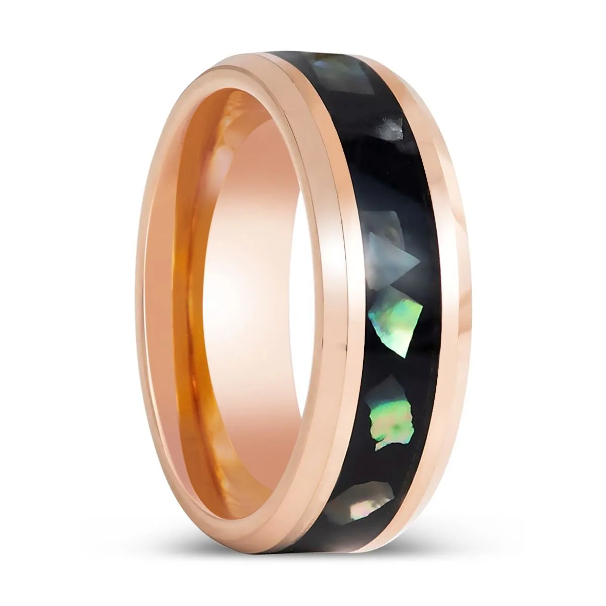 RESINOVA | Rose Gold Tungsten Ring, Black Resin & Abalone Shell Inlay