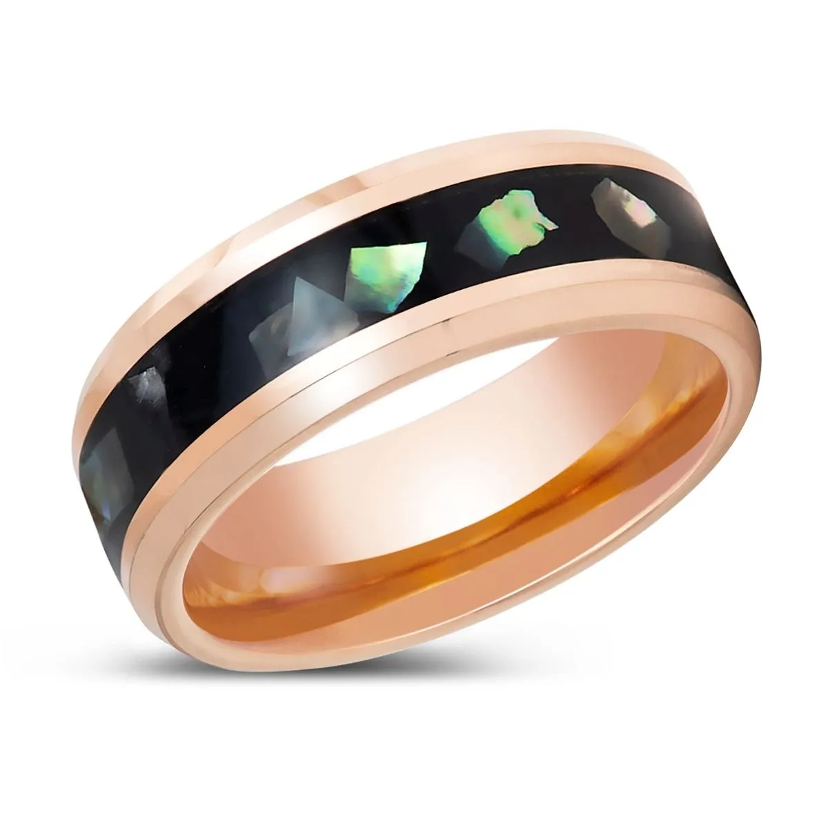 RESINOVA | Rose Gold Tungsten Ring, Black Resin & Abalone Shell Inlay