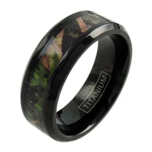 Resplendent Polished Black Titanium Ring with Chamfered Edges and Cool RED/GREEN Camo Inlay.