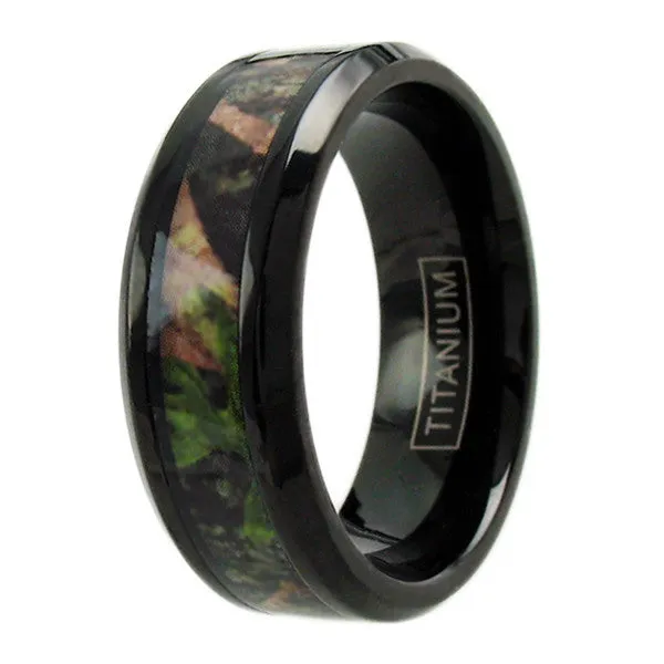 Resplendent Polished Black Titanium Ring with Chamfered Edges and Cool RED/GREEN Camo Inlay.