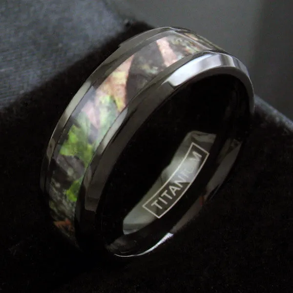 Resplendent Polished Black Titanium Ring with Chamfered Edges and Cool RED/GREEN Camo Inlay.