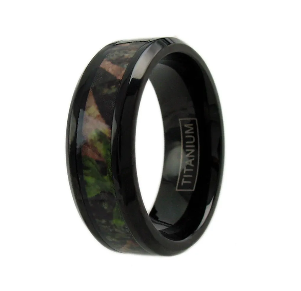 Resplendent Polished Black Titanium Ring with Chamfered Edges and Cool RED/GREEN Camo Inlay.