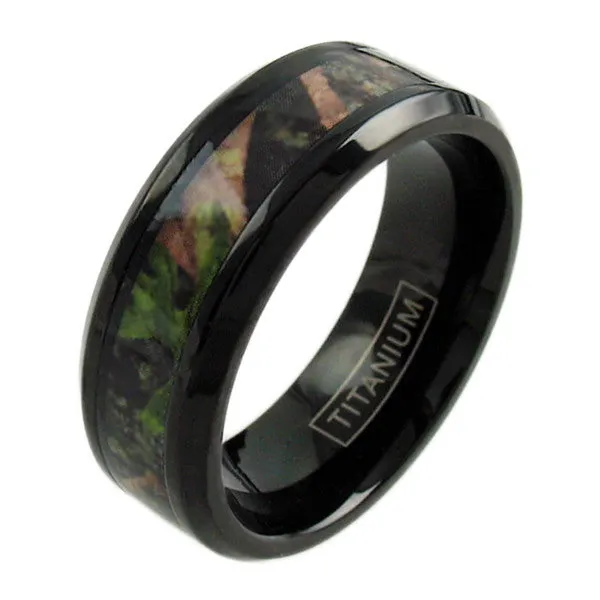 Resplendent Polished Black Titanium Ring with Chamfered Edges and Cool RED/GREEN Camo Inlay.