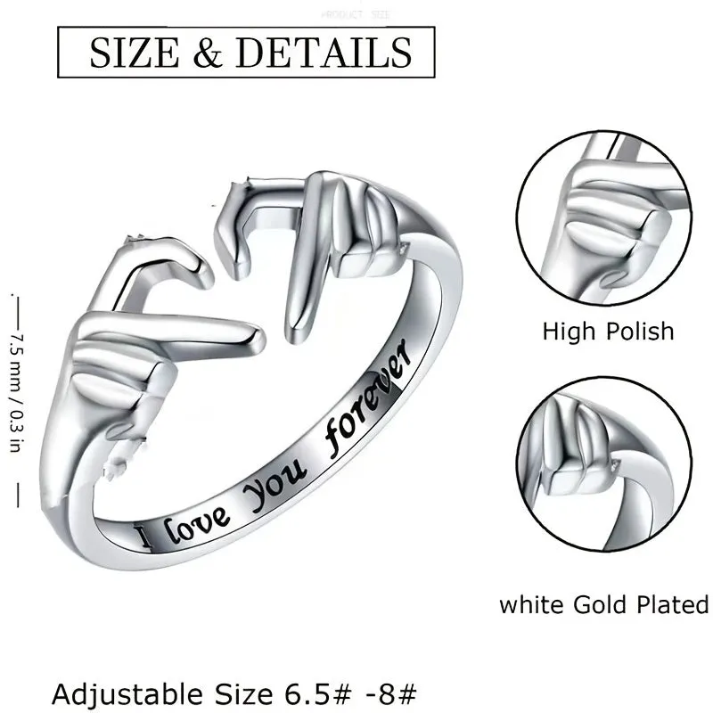 Romantic Love And Hugging Hands Couple Rings Pair Of Adjustable Rings