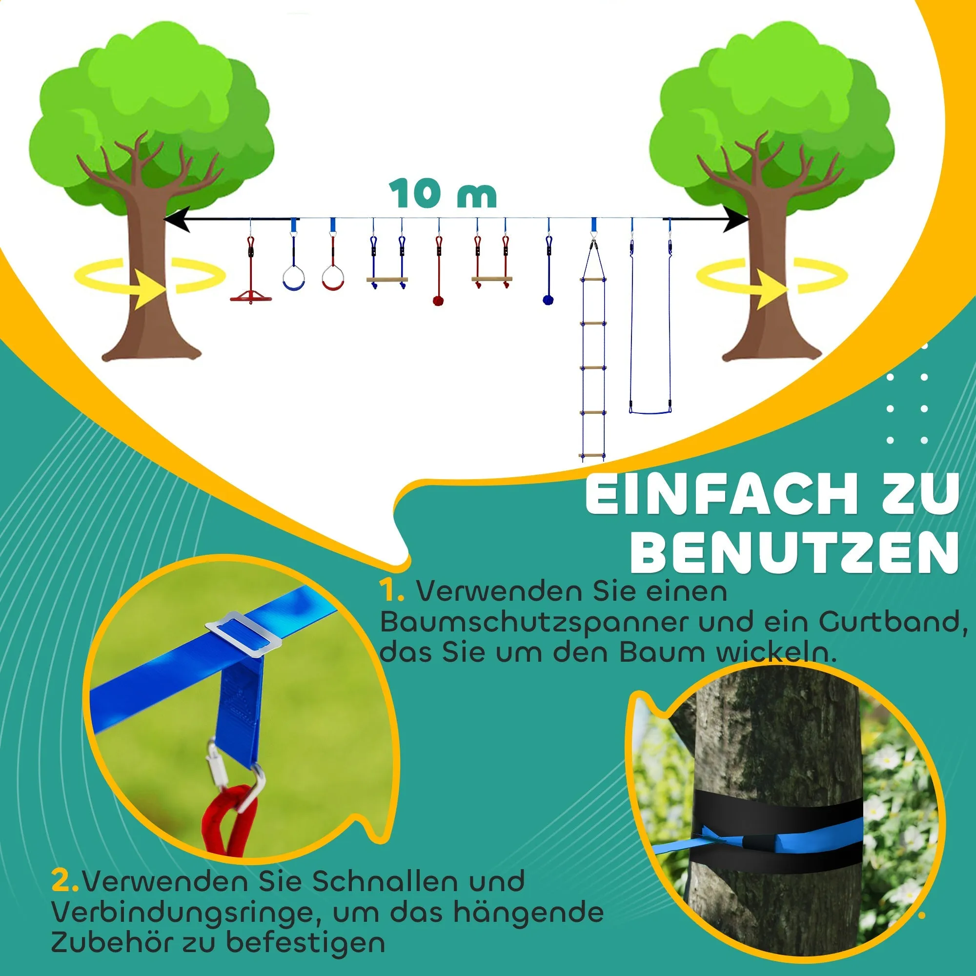 Rootz Kinder Ninja Slackline Kit - Zip Lines - Gymnastics Rings - Muscle Strength - 1000cm x 5cm - Blue