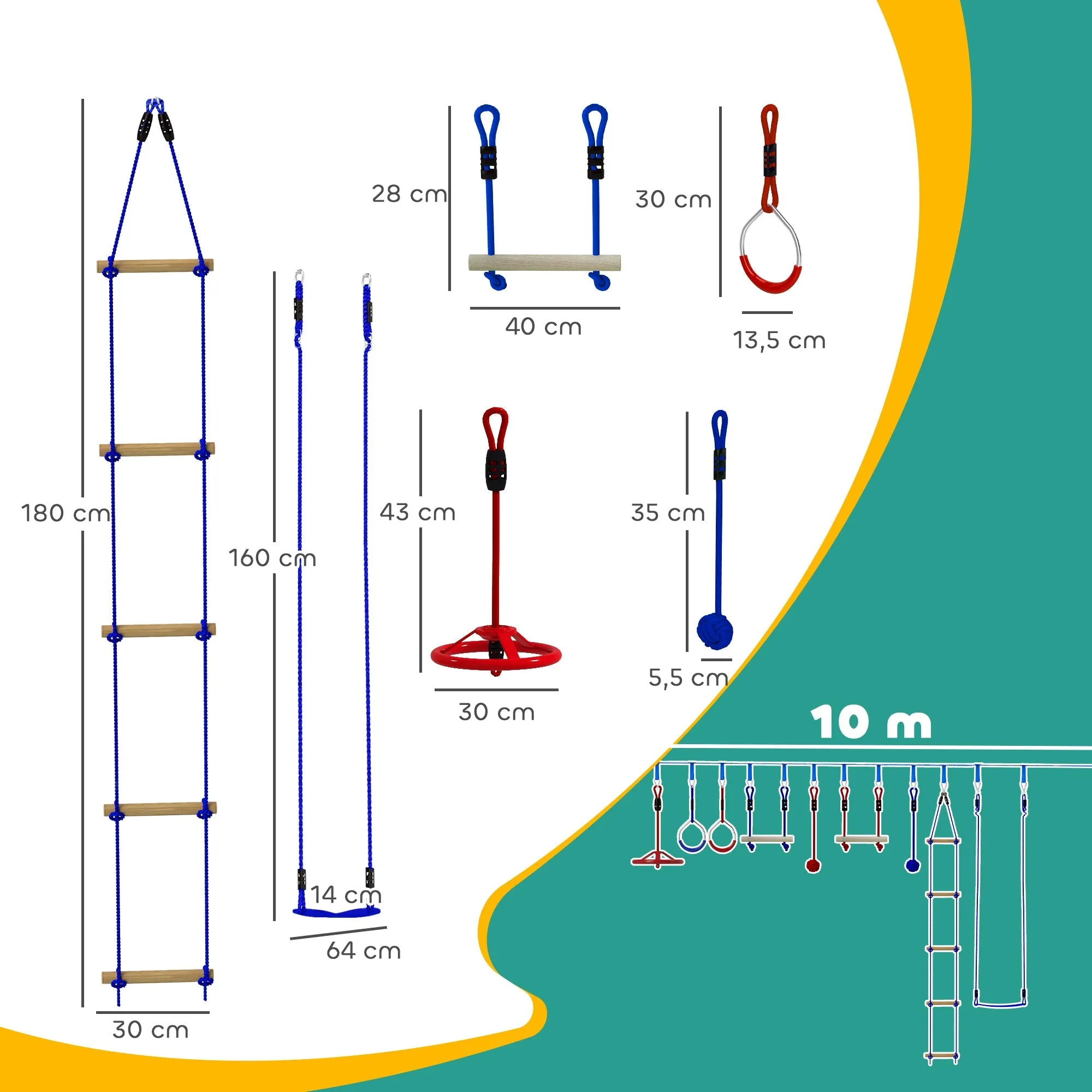 Rootz Kinder Ninja Slackline Kit - Zip Lines - Gymnastics Rings - Muscle Strength - 1000cm x 5cm - Blue