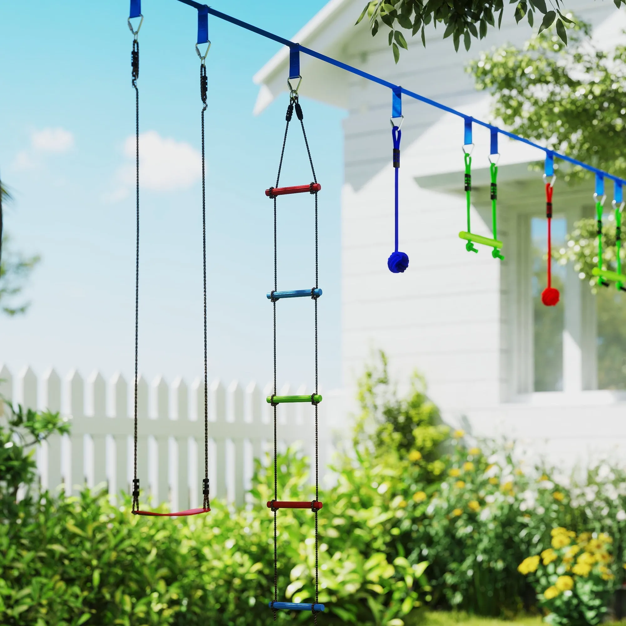 Rootz Kinder Ninja Slackline Kit - Zip Lines - Gymnastics Rings - Muscle Strength - 1000cm x 5cm - Blue