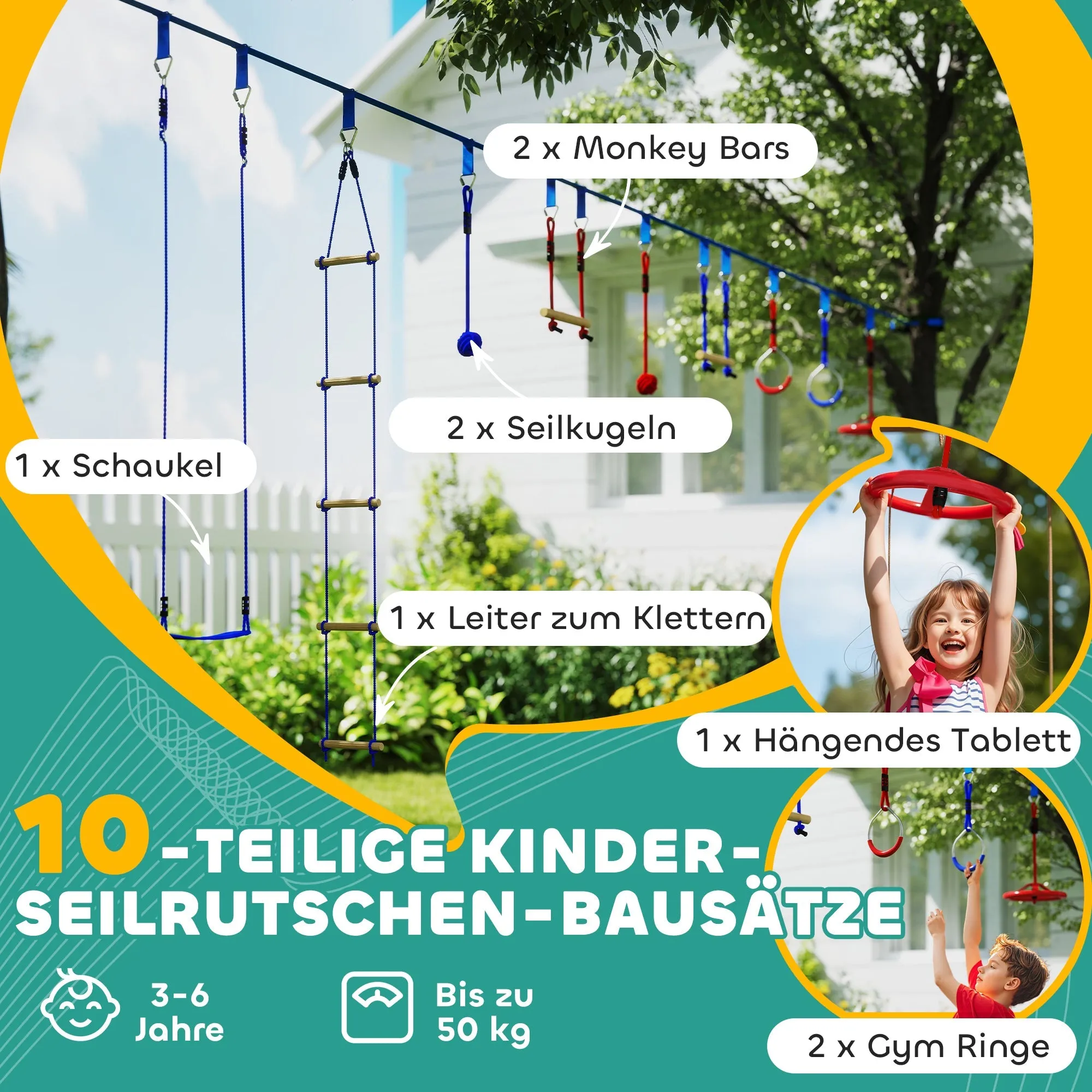 Rootz Kinder Ninja Slackline Kit - Zip Lines - Gymnastics Rings - Muscle Strength - 1000cm x 5cm - Blue