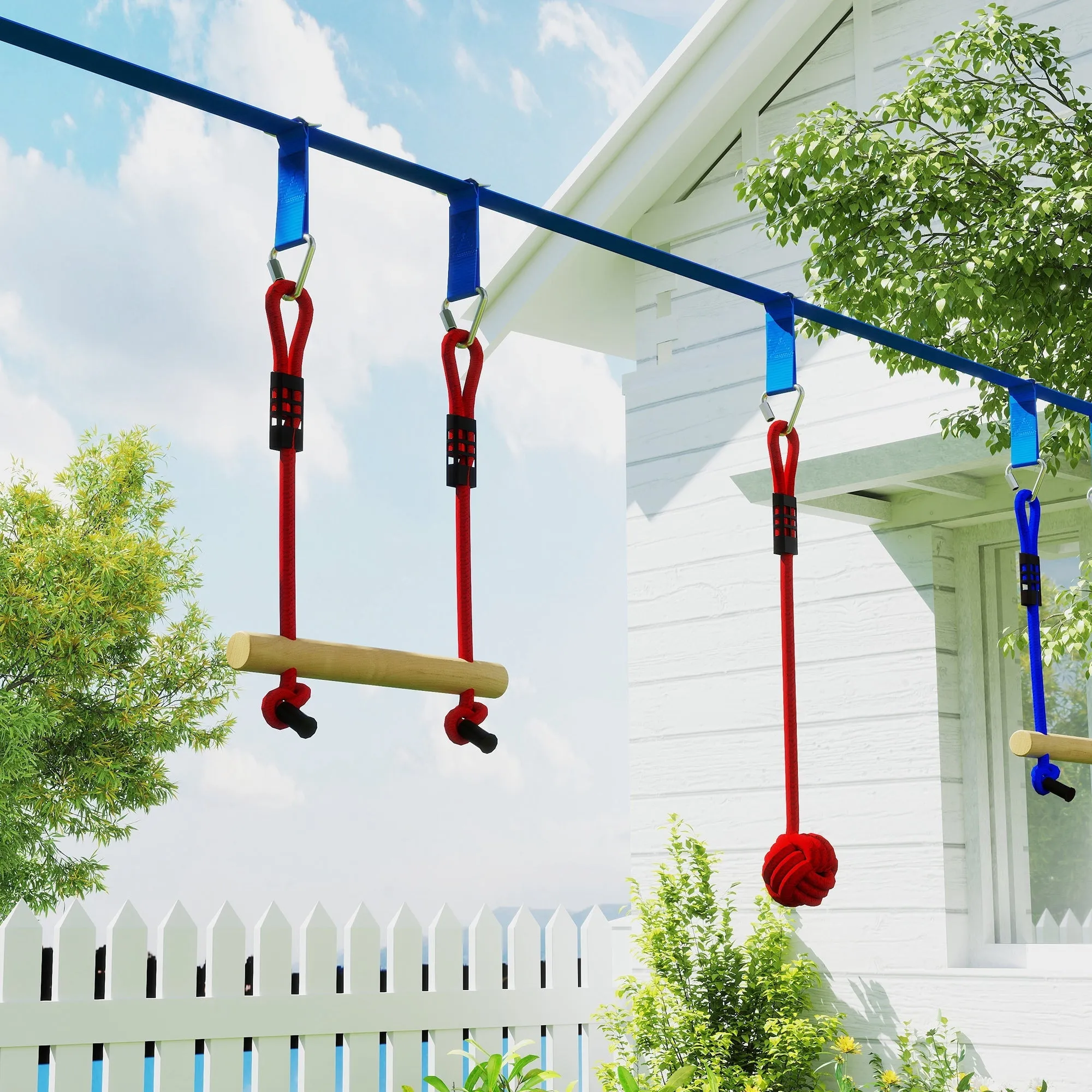 Rootz Kinder Ninja Slackline Kit - Zip Lines - Gymnastics Rings - Muscle Strength - 1000cm x 5cm - Blue