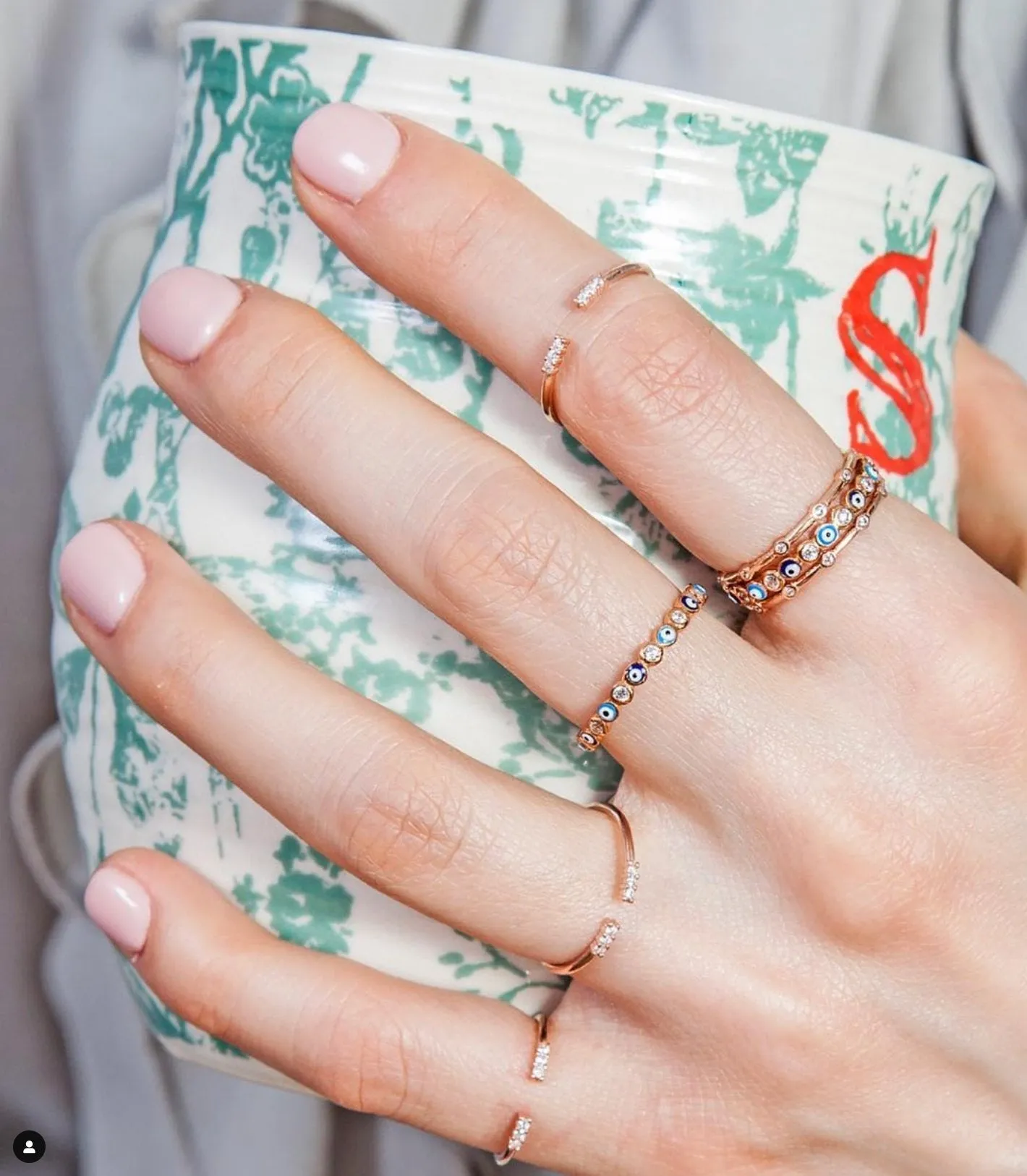Rose Gold Evil Eye Stackable Ring Set in Silver with CZ Crystals and Blue Enamel