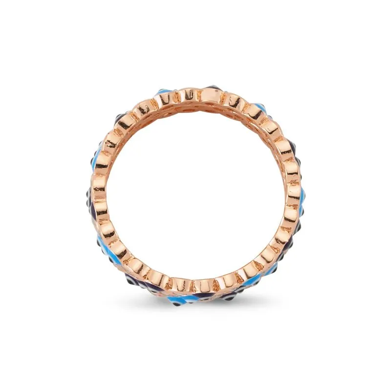 Rose Gold Evil Eye Stackable Ring Set in Silver with CZ Crystals and Blue Enamel