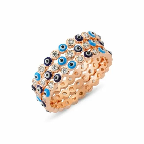 Rose Gold Evil Eye Stackable Ring Set in Silver with CZ Crystals and Blue Enamel