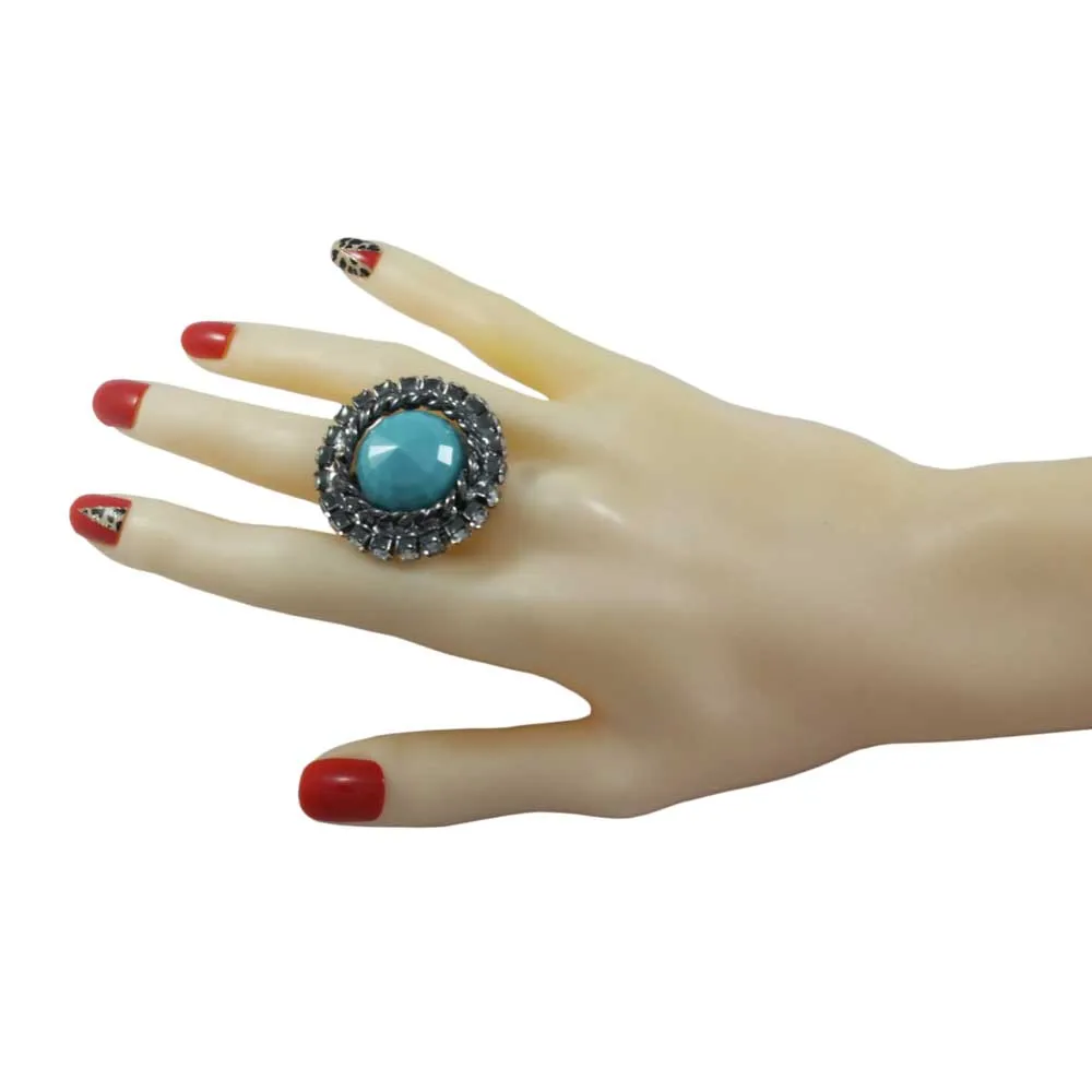 Round Blue Stone with Crystals Adjustable Ring - RS313