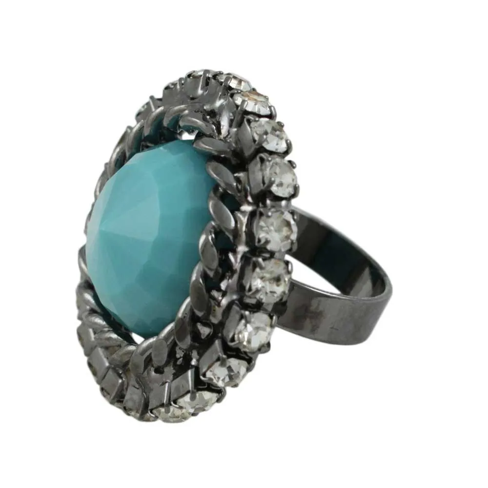 Round Blue Stone with Crystals Adjustable Ring - RS313