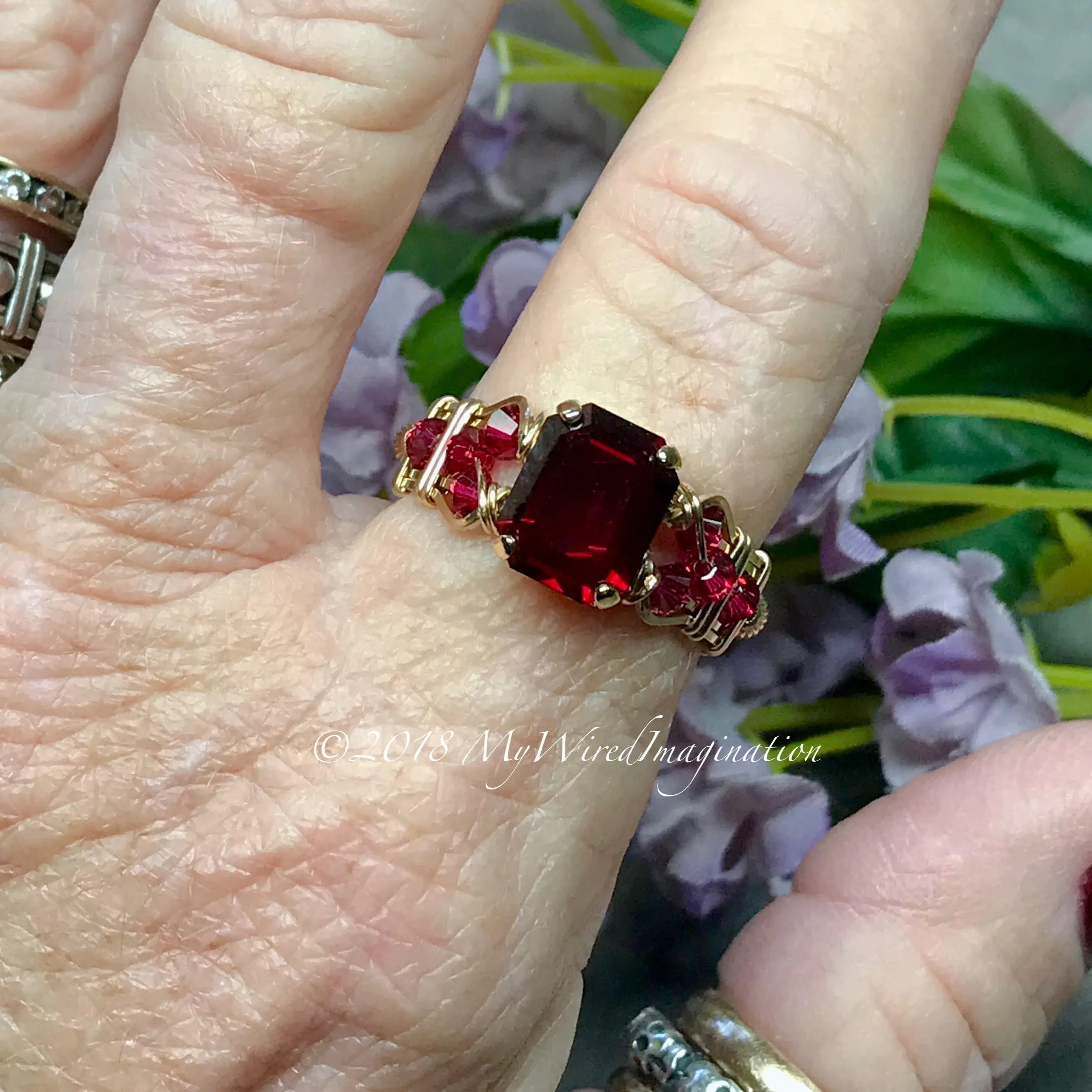 Ruby Red Octagon, Vintage Swarovski Crystal, Handmade Ring, July Birthstone, US Size 5.5