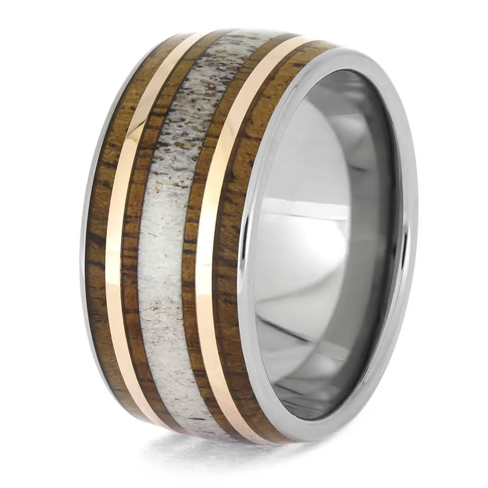 Rustic Wedding Band with Mesquite Wood and Antler